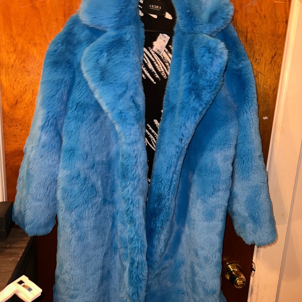 Blue Long Faux Fur Coat